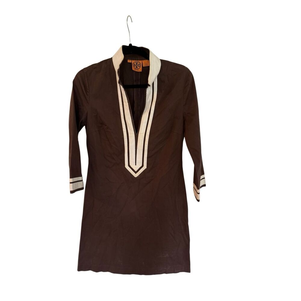 Tory Burch Womens Brown 3/4 Sleeve Deep V-neck Mini Kaftan Tunic Dress Size 8